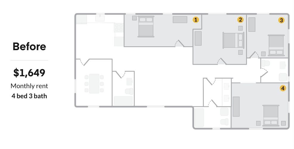 Before floorplan — 4 bed 3 bath, $1,649/mo